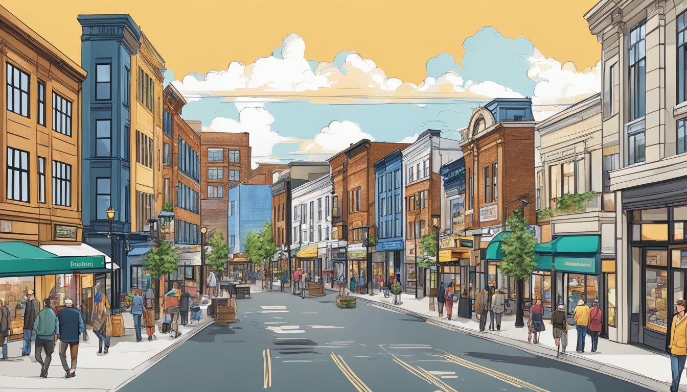 A bustling cityscape with modern buildings and vibrant storefronts, showcasing the diverse and innovative businesses of Brantford, Ontario