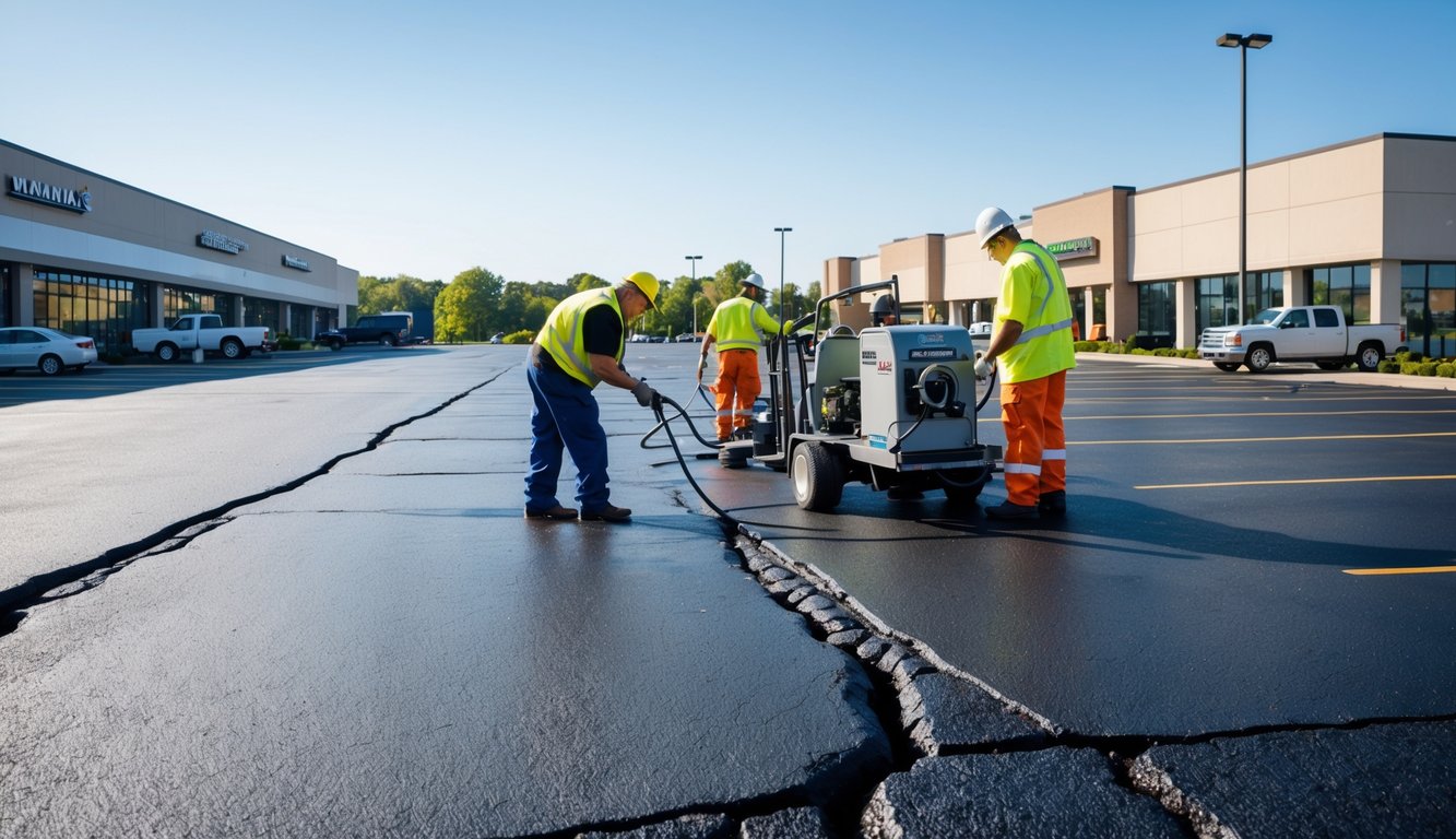 Workers repairing and sealing an asphalt parking lot in a commercial area with buildings in the background.