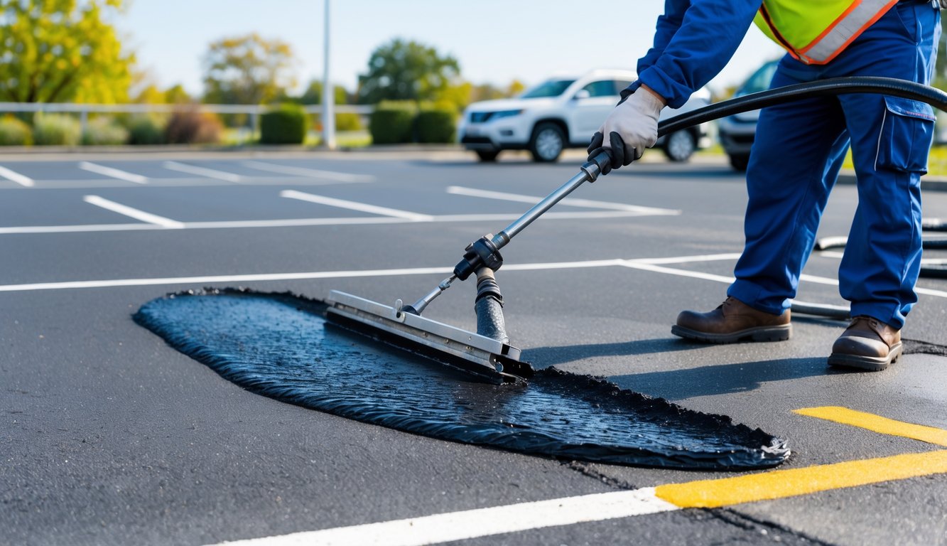 A worker wearing safety gear applying sealcoating to a parking lot pavement with equipment under a clear sky.