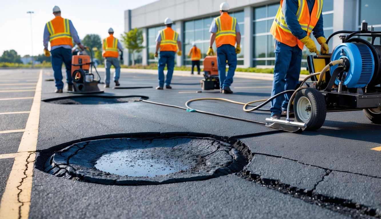 Workers repairing cracks and potholes in a parking lot with construction equipment and a commercial building in the background.