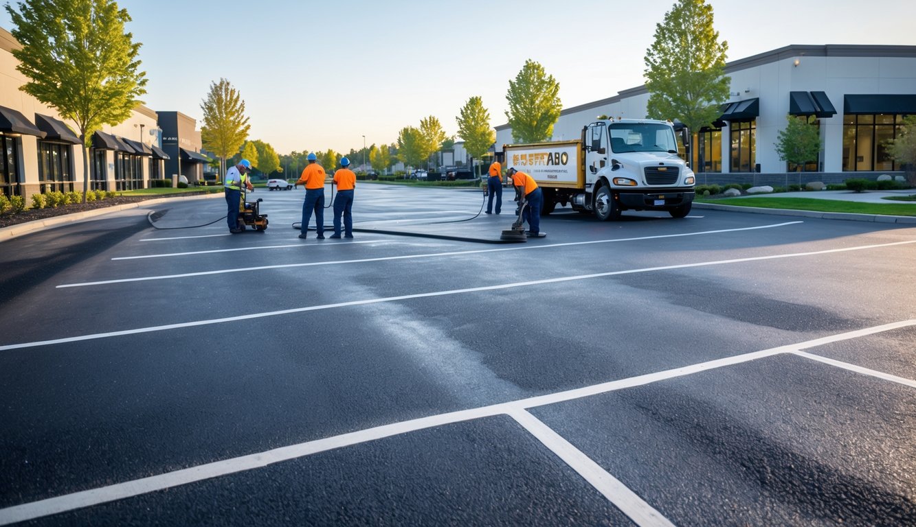 Workers sealing a clean parking lot outside commercial buildings with green landscaping on a sunny day.