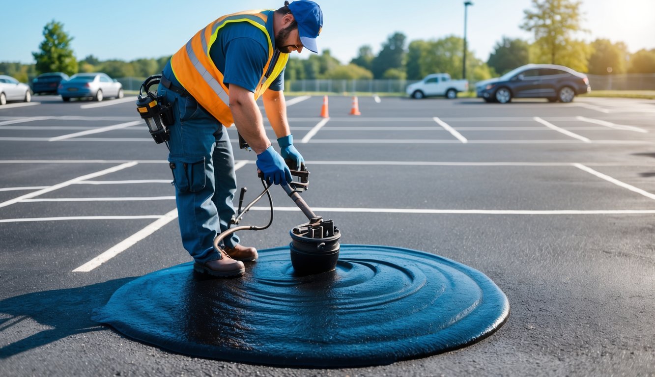 A worker in safety gear applying asphalt sealant to a clean parking lot with marked spaces and parked cars under a clear sky.