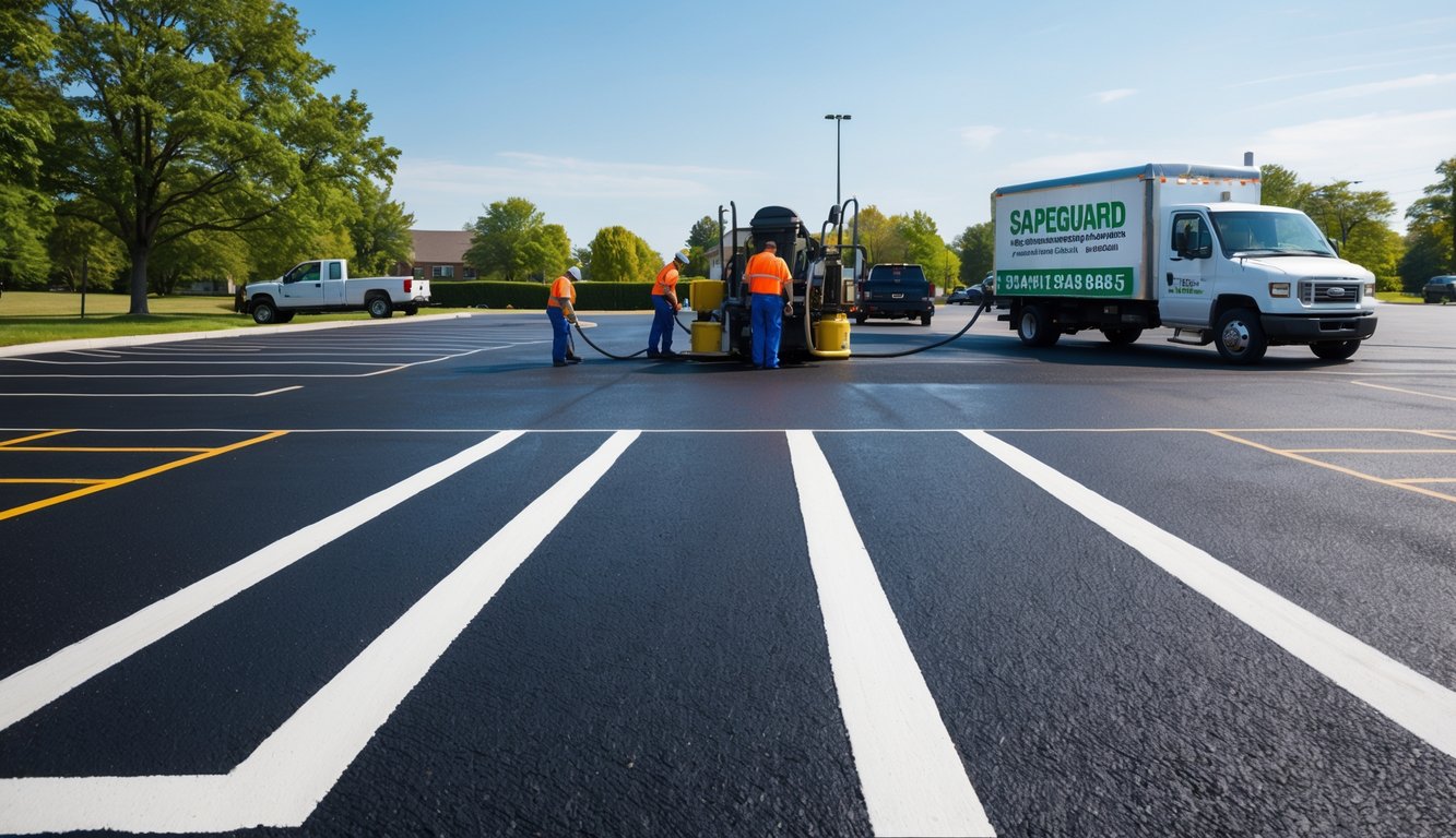 Workers sealing a parking lot with fresh black asphalt and clear white lines under a sunny sky, with a company truck nearby.
