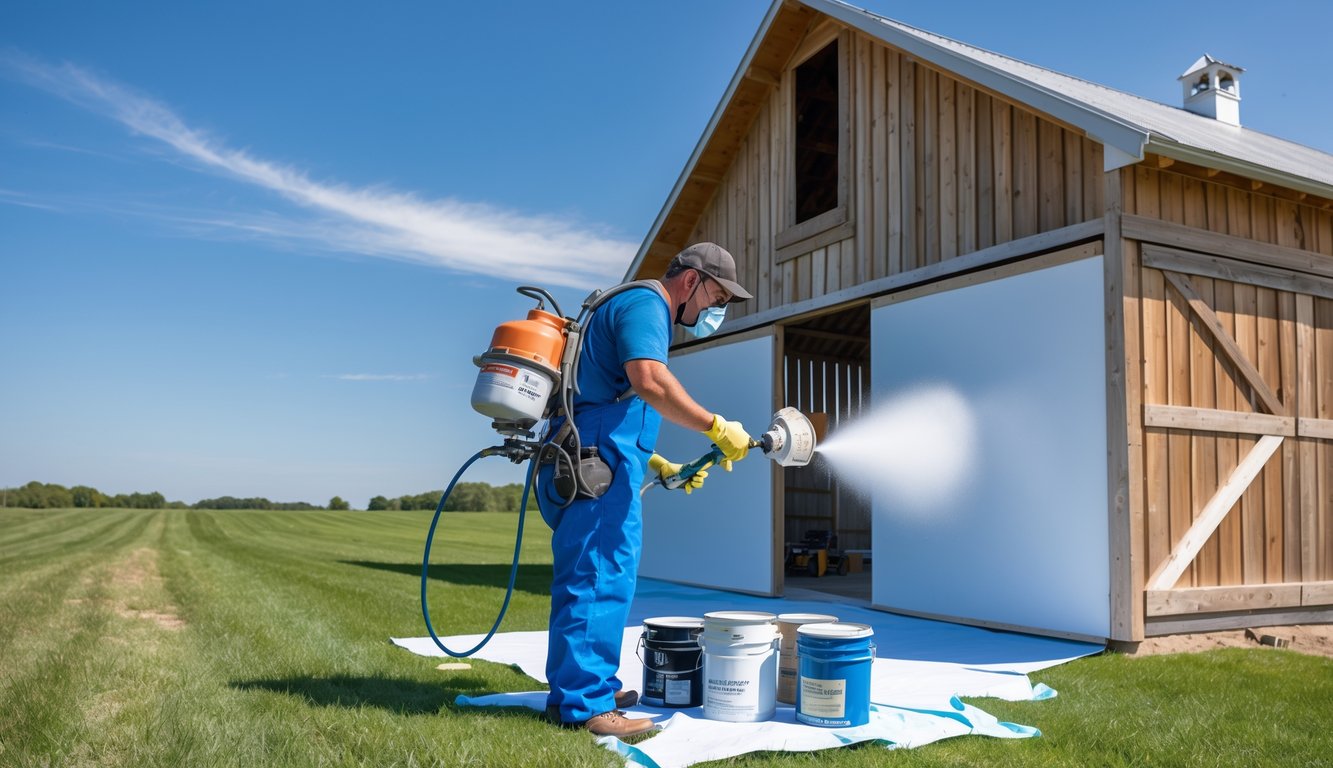 A professional painter applying paint to a wooden barn outdoors on a clear day.