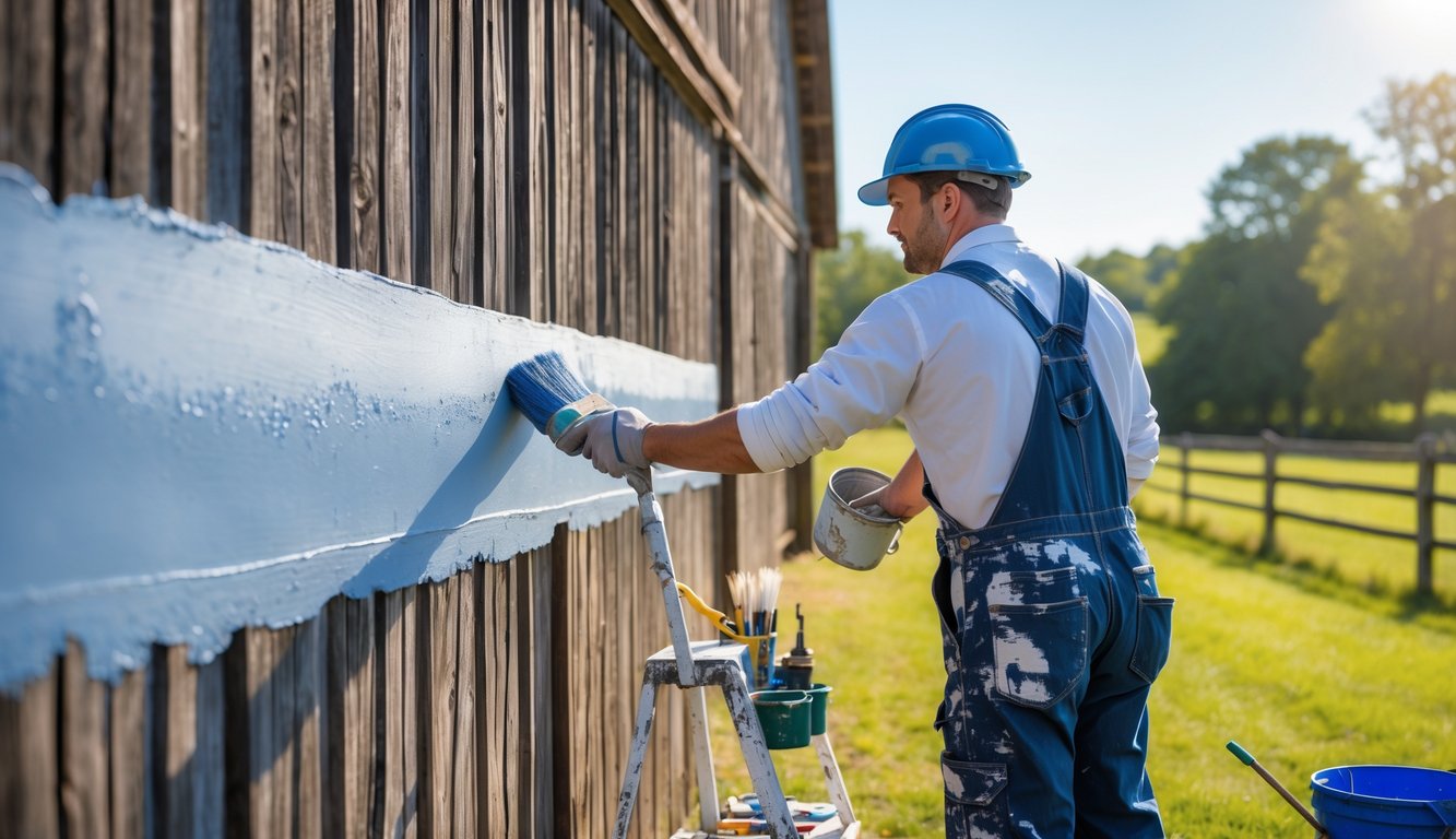 A barn painter applying fresh paint to a wooden barn outdoors on a sunny day.