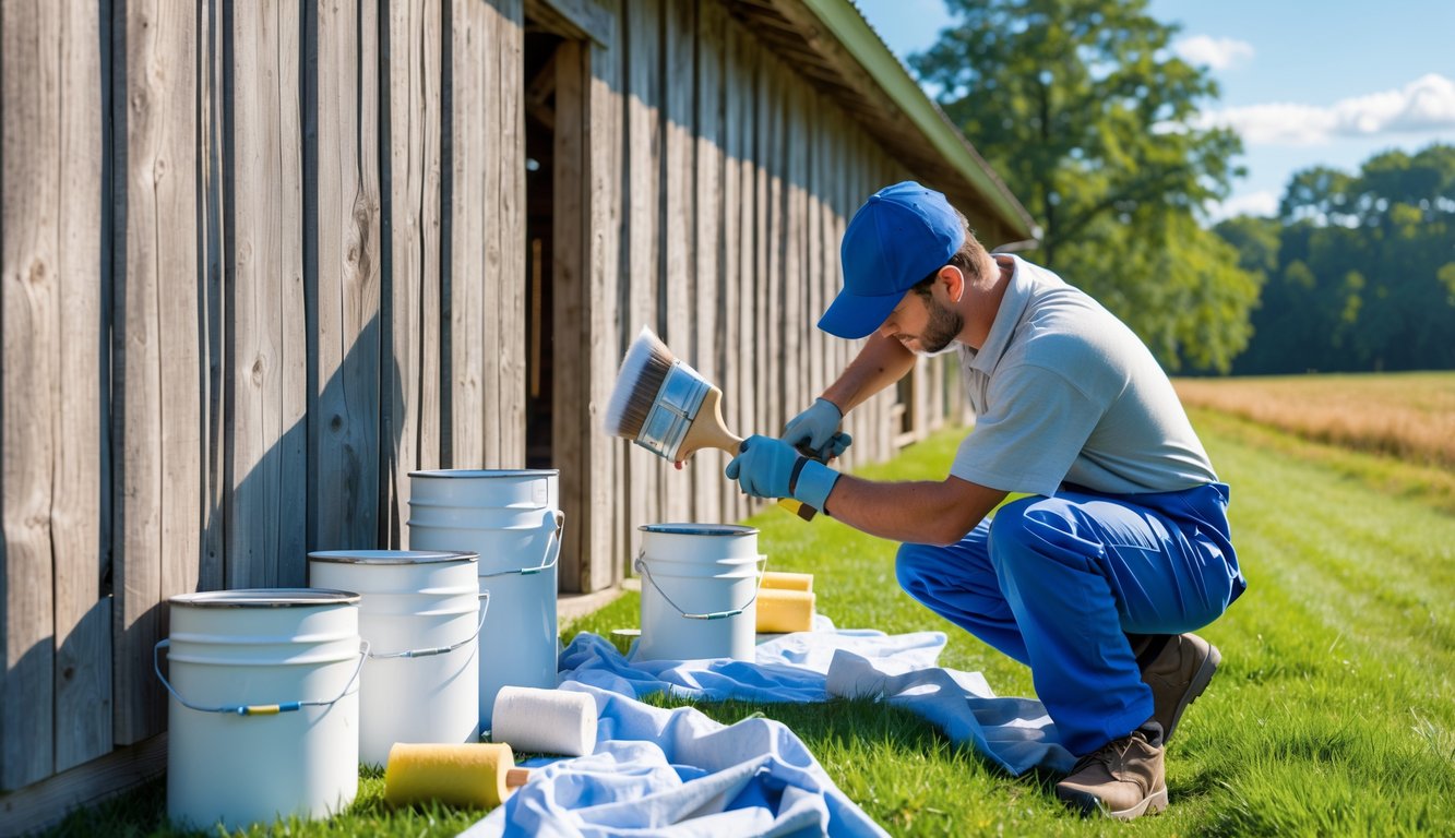 A painter applying fresh paint to the wooden siding of a barn outdoors with painting tools nearby.