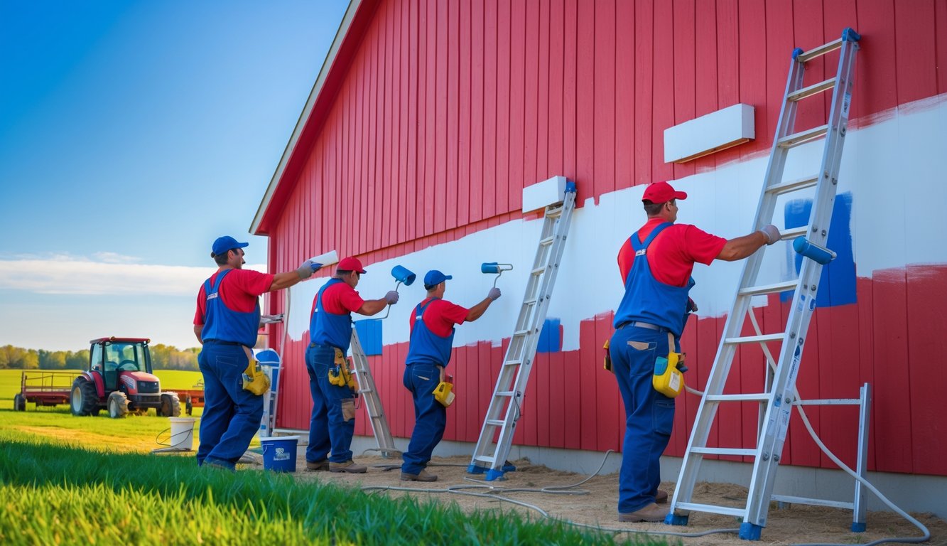 Contractors painting a large red barn outdoors with ladders and paint rollers on a sunny day.
