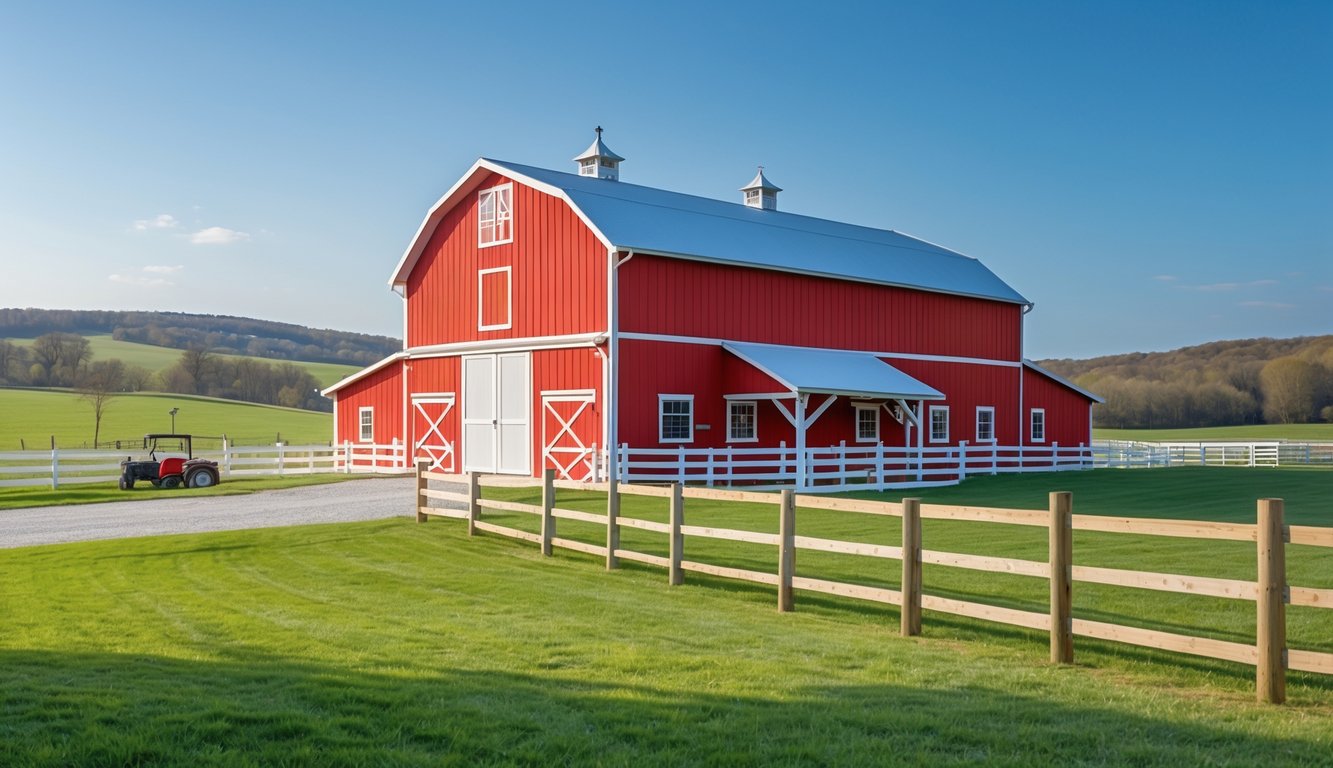 A freshly painted red barn with white trim on a green rural property with rolling hills in the background.