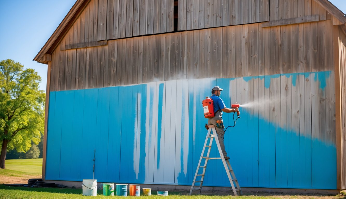 A person painting a large wooden barn outdoors using a paint sprayer while standing on a ladder.