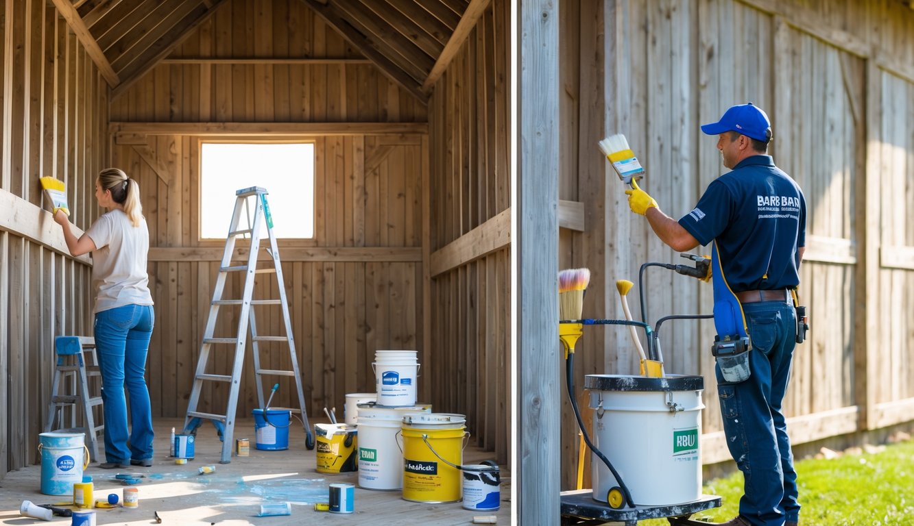 A split scene showing a person painting a barn by hand on one side and a professional painter using a sprayer on the other side outdoors.