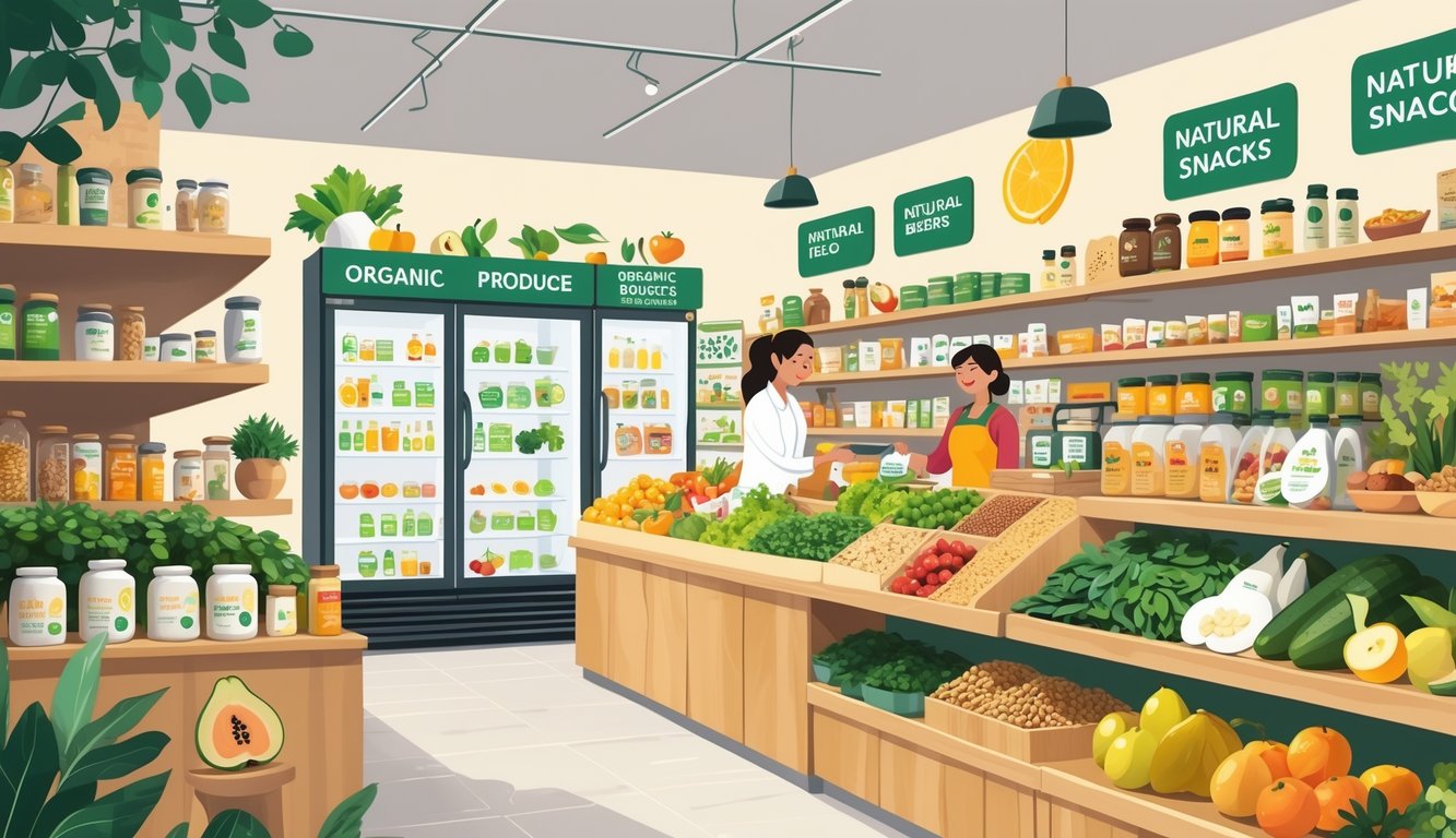 Interior of a health food store with shelves of fresh fruits, vegetables, supplements, and natural products, and a store employee helping a customer.