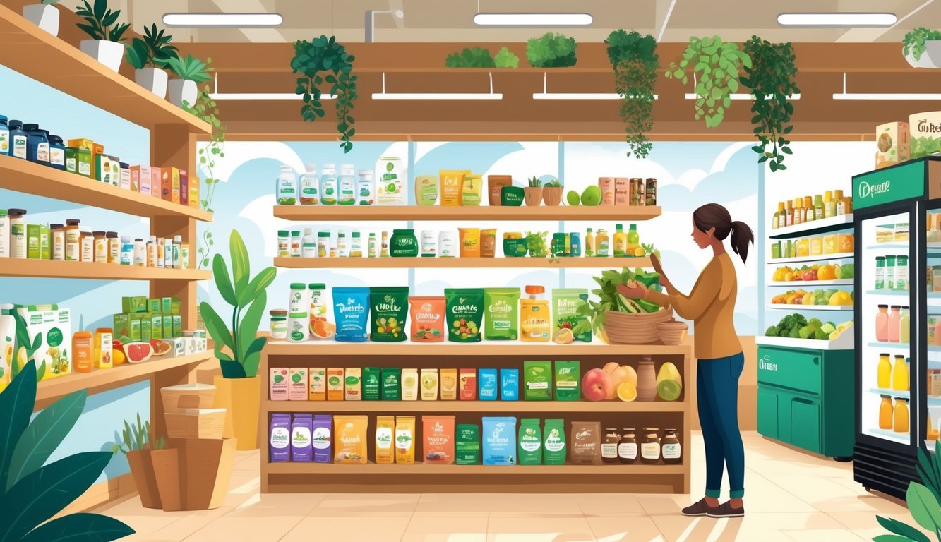 Interior of a health food store with shelves of natural products, a customer being helped by an employee, and fresh produce displayed.
