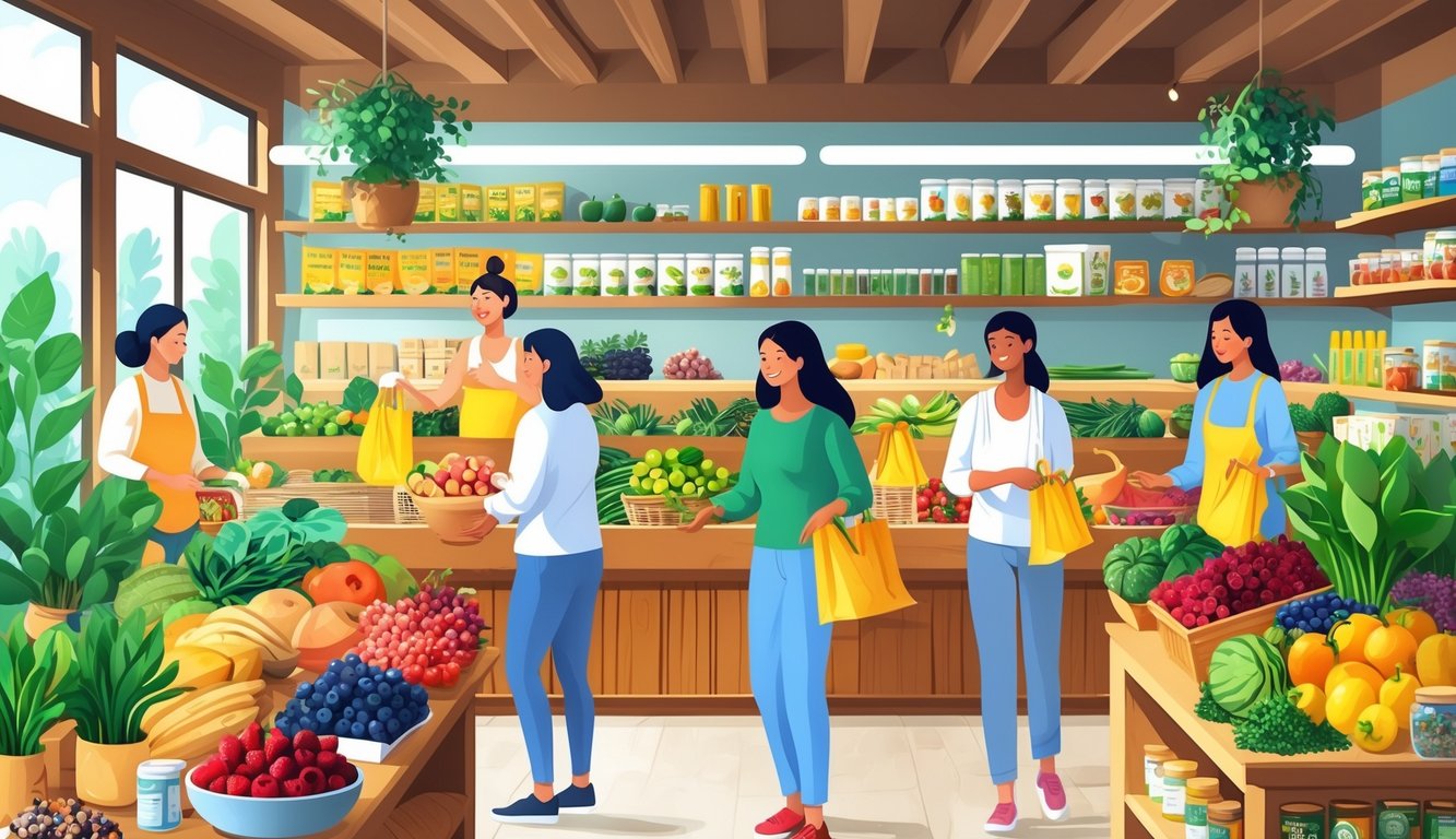A health food store interior with fresh fruits, vegetables, and natural products, showing customers shopping happily.