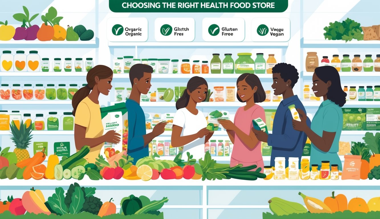 People shopping and comparing products inside a bright health food store with fresh produce and natural products on shelves.