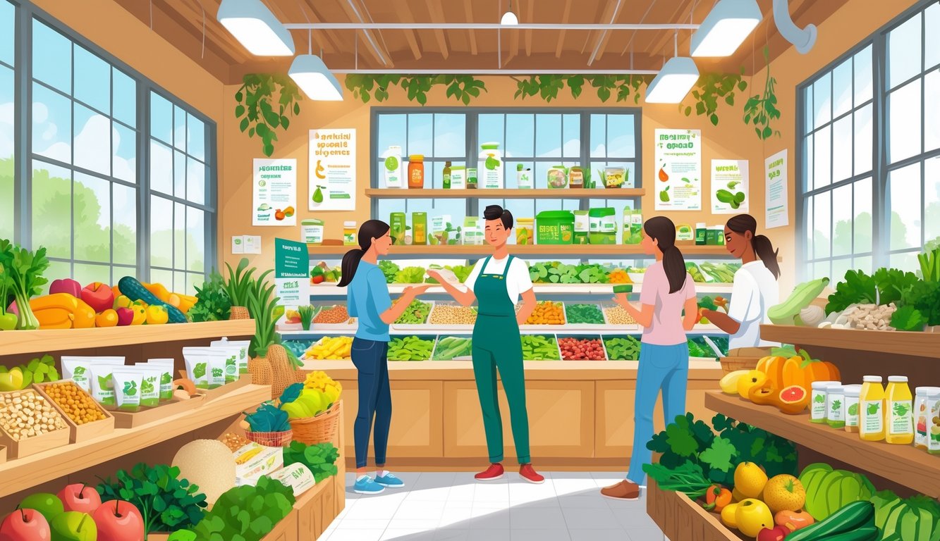 A health food store interior with fresh fruits, vegetables, and natural products on shelves, customers selecting items, and a store employee assisting them.