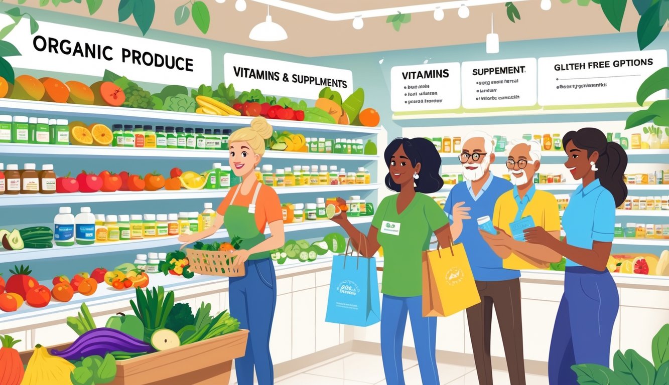 A health food store interior with shelves of fresh produce and supplements, a store employee helping customers, and a bright, inviting atmosphere.