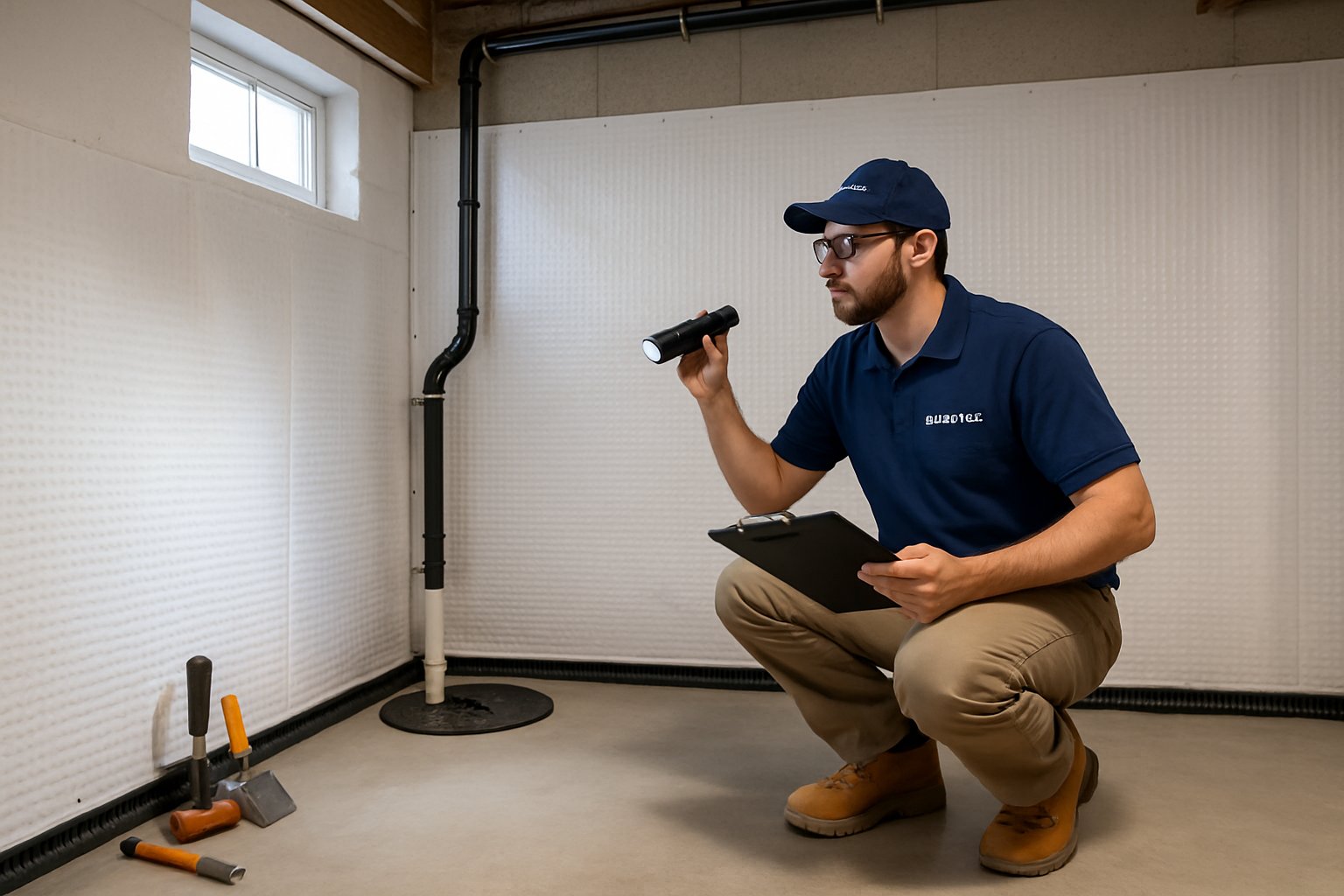 A technician inspecting a dry basement with waterproofing features like sealed walls, sump pump, and drainage pipes.