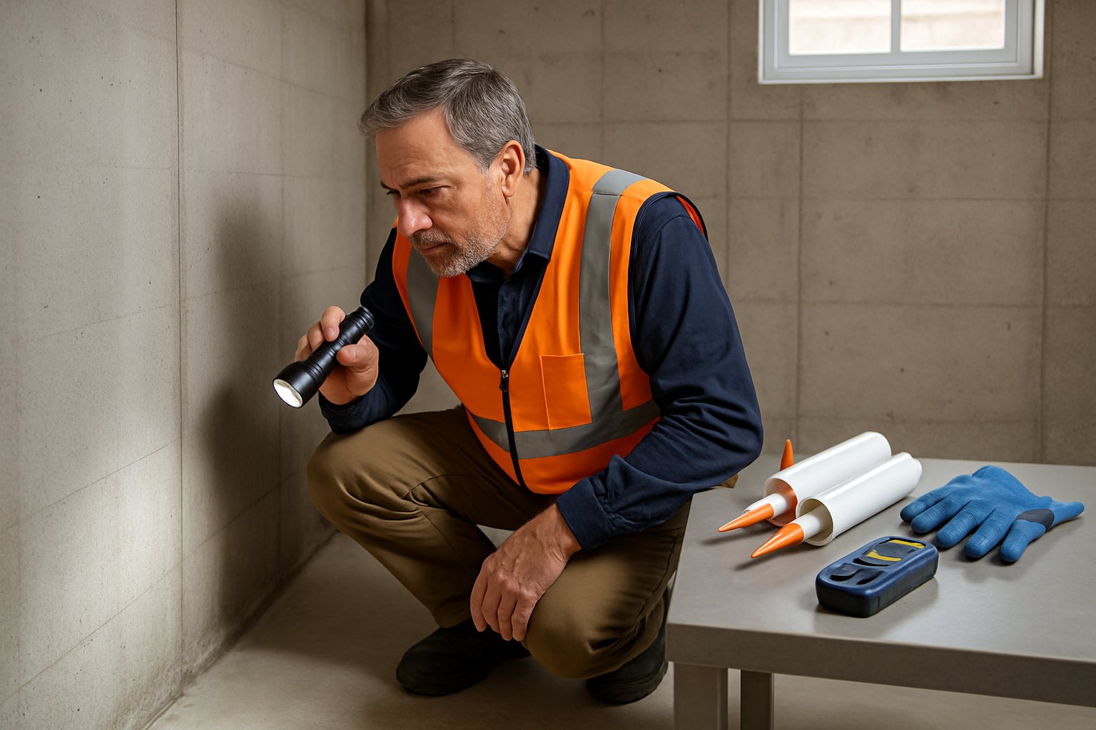 A man inspecting a basement corner with a flashlight, checking for water damage near concrete walls and floor.