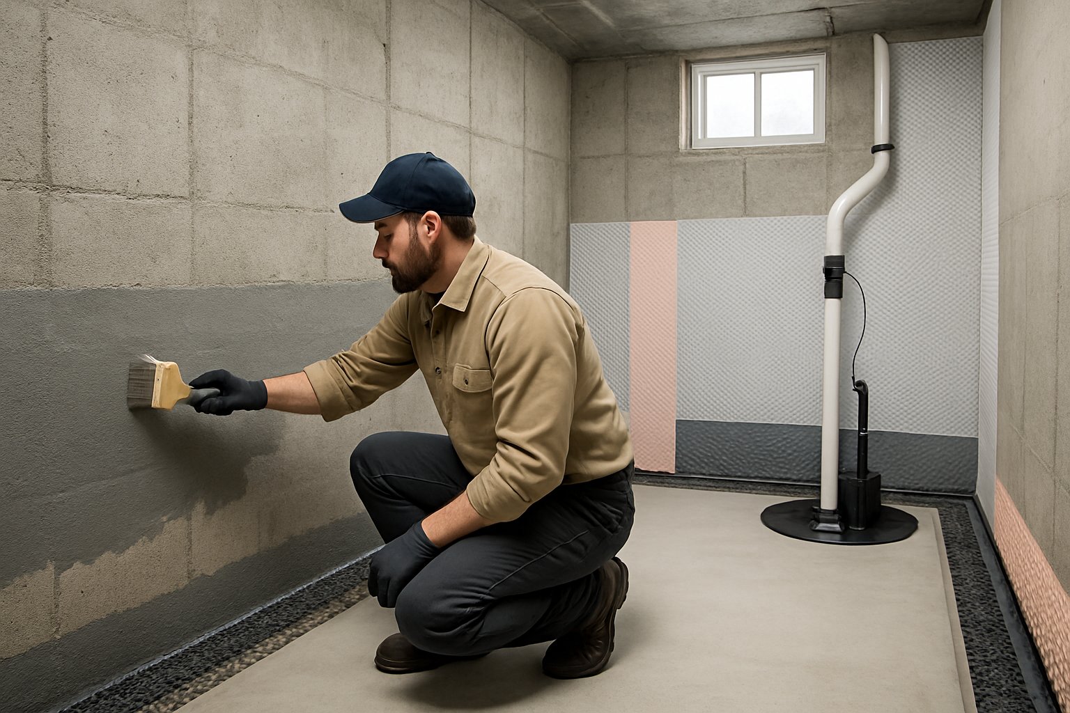 A technician applying waterproof sealant to basement walls with waterproofing equipment installed in a clean residential basement.