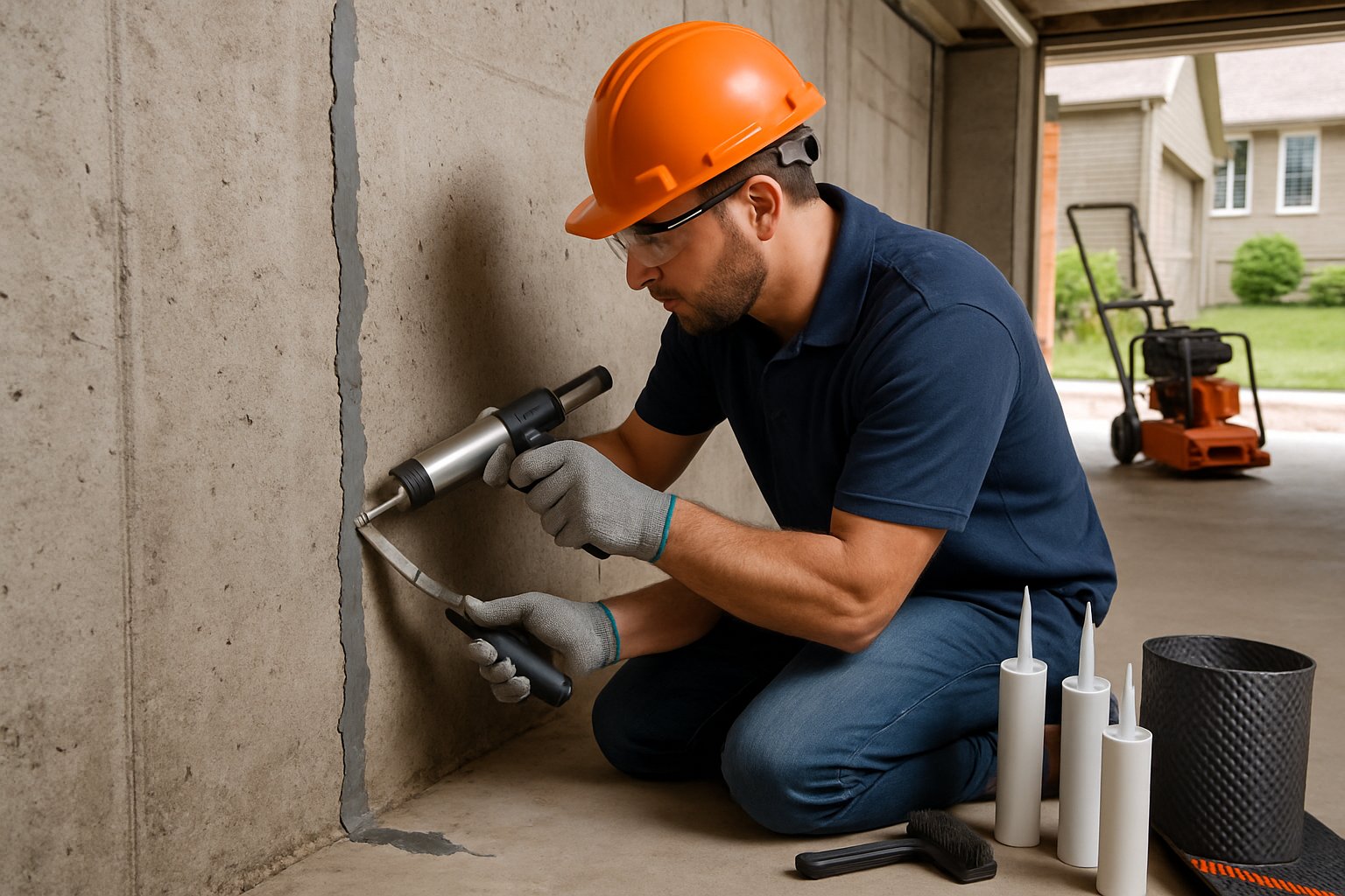 Worker sealing cracks on a basement foundation wall with waterproofing materials in a residential setting.