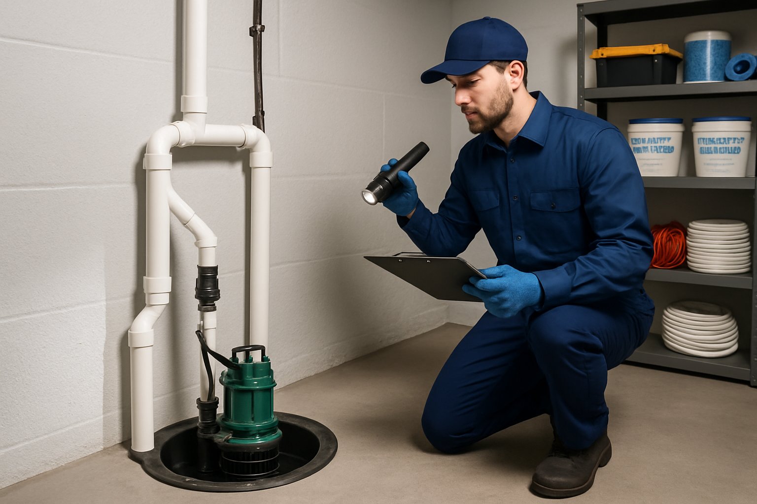 A basement with a sump pump system installed, a technician inspecting it, and dry, sealed walls.