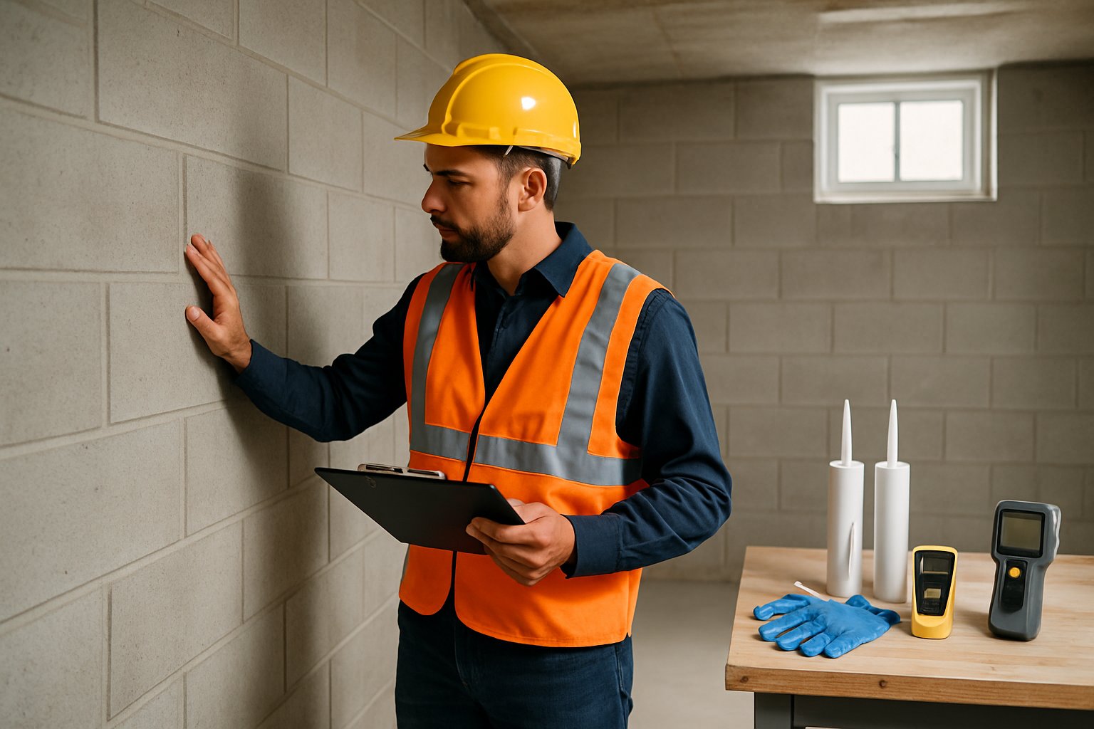 A contractor inspecting a dry basement wall with waterproofing tools nearby.