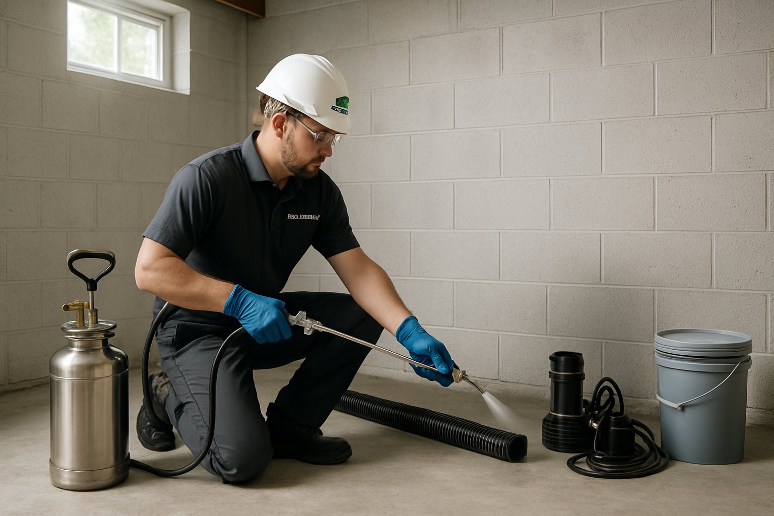 Technician applying waterproofing sealant to basement walls in a clean residential basement.