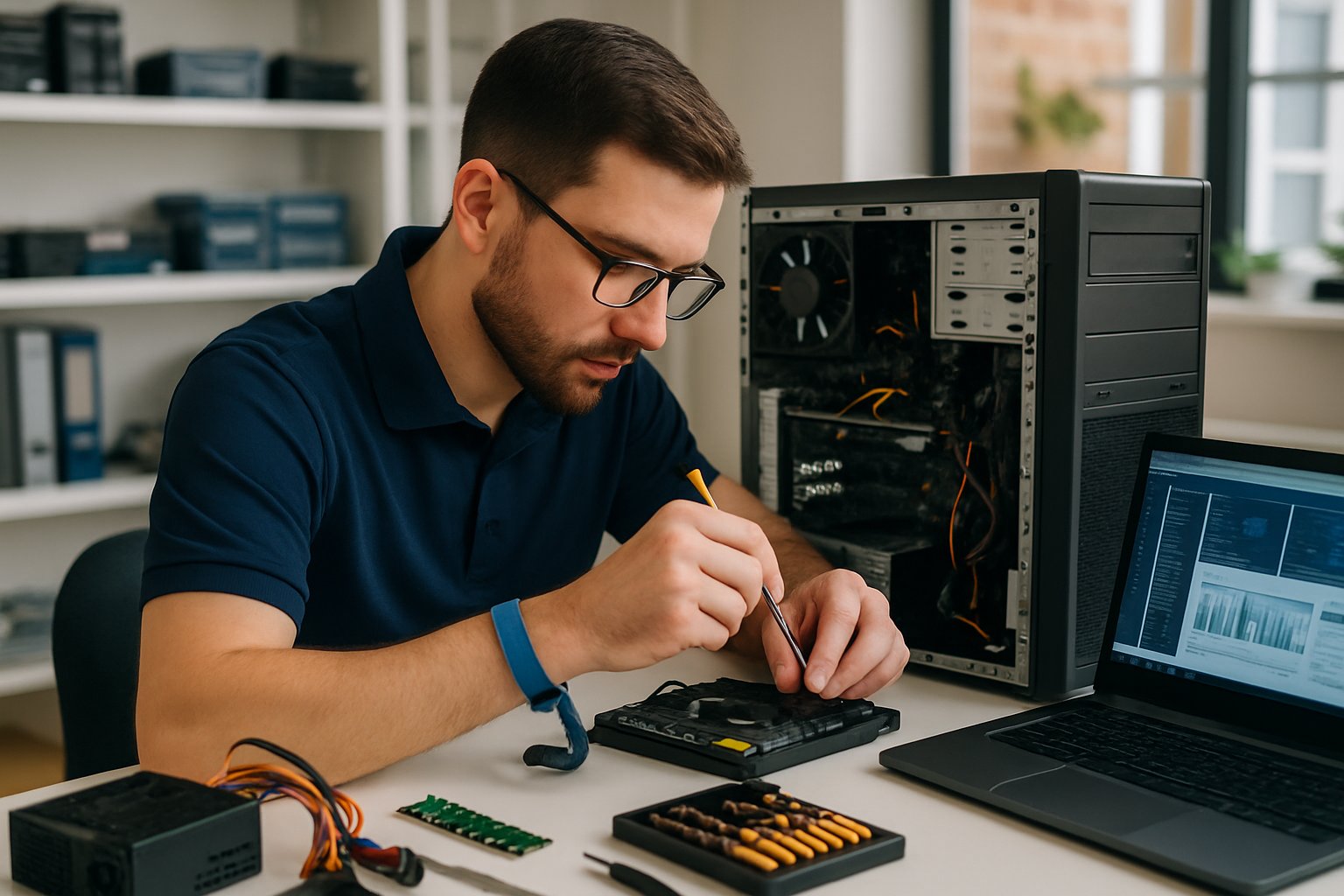 A technician repairing a desktop computer at a clean workbench surrounded by computer parts and diagnostic tools.