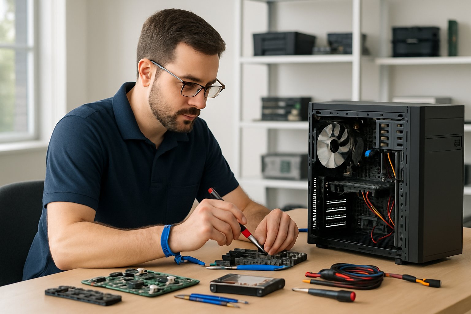 A technician repairing a desktop computer at a clean workstation with computer parts and tools around.