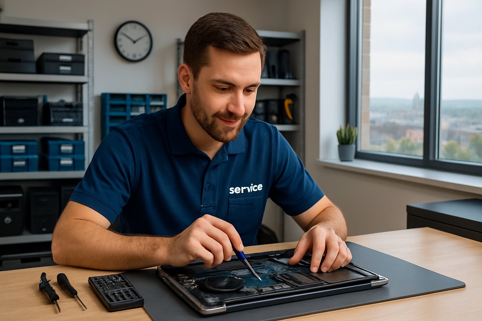 A computer technician repairing a laptop at a clean workstation with computer parts on shelves and a city view through a window.