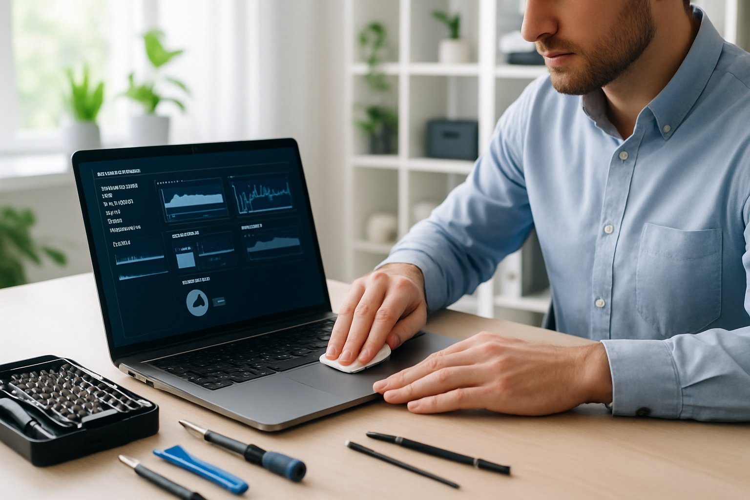 Person maintaining a laptop on a clean desk with tools in a bright office setting.