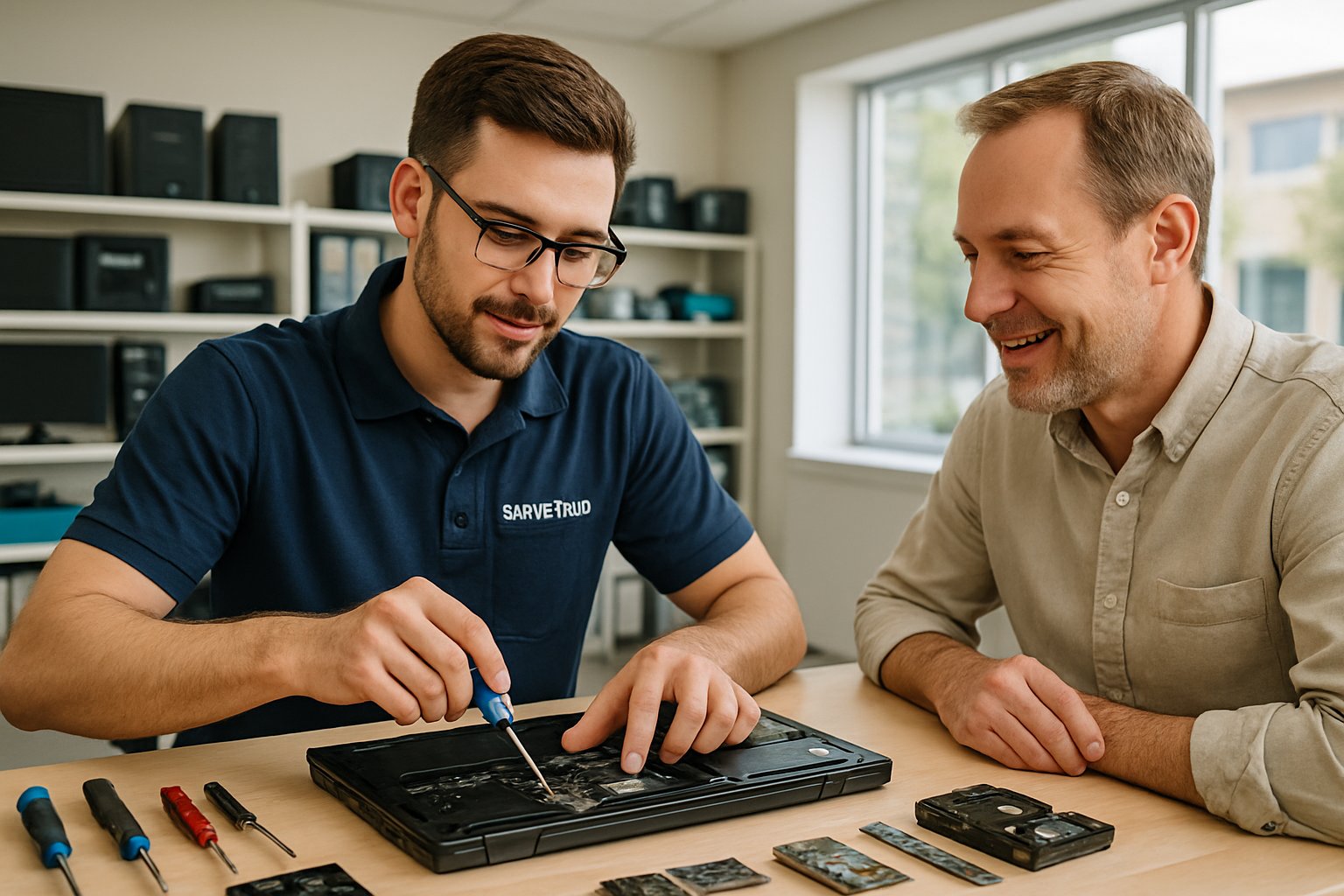 A computer repair technician helping a customer fix a laptop in a clean and organized repair shop.