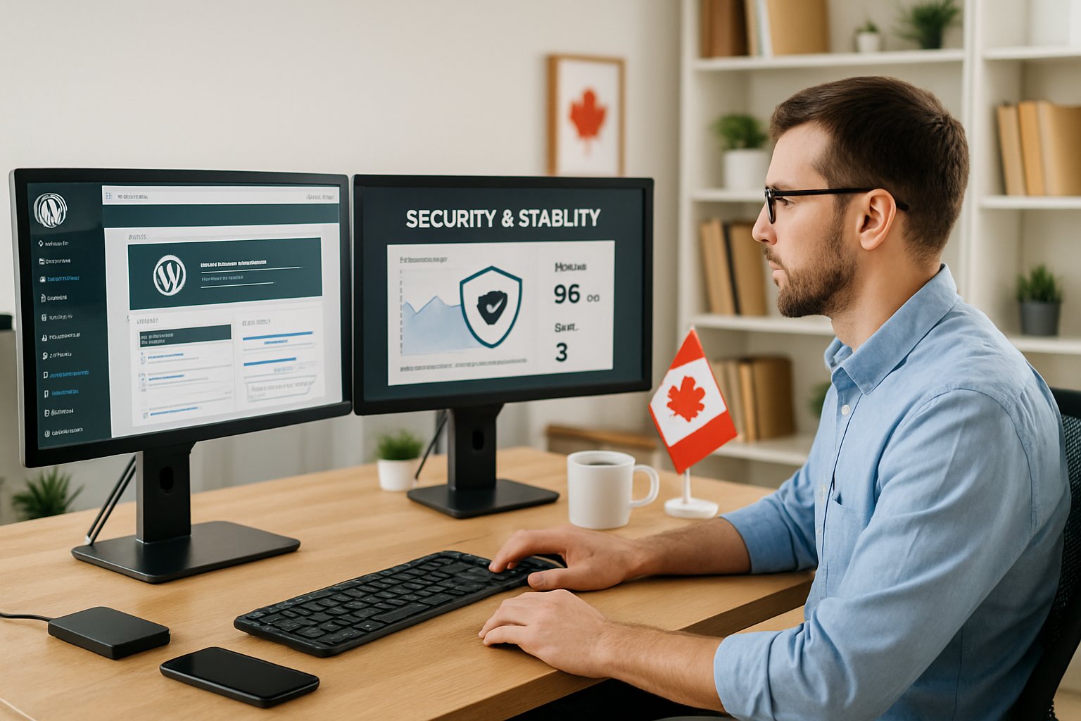 A person working at a desk with multiple computer screens showing website security and coding, with Canadian-themed decor in a bright office.