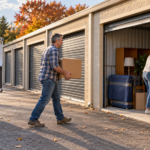 A couple moves boxes from a van into a storage unit