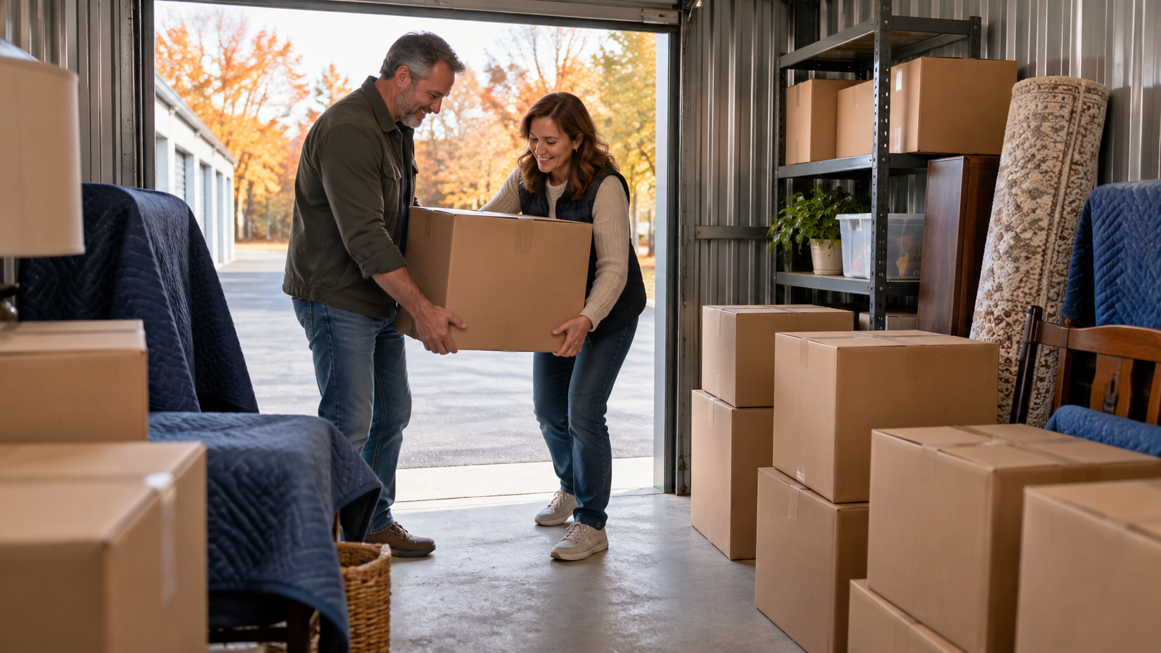 Couple carrying a moving box into an organized storage unit